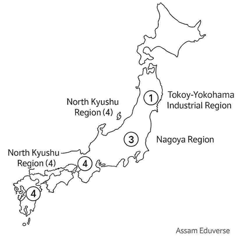 What are the chief industrial regions of Japan? Show these regions in a map and give a brief description of each region.