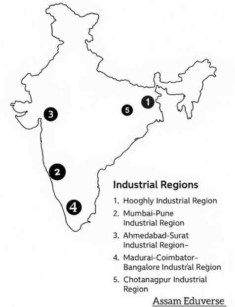 Locate the major industrial regions of India on a map and describe each of them briefly.