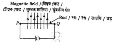 Q6. A metal rod PQ is placed in the magnetic field. The ends of the rod are connected with a battery using wires. Where will the rod move? [HSLC 2025]