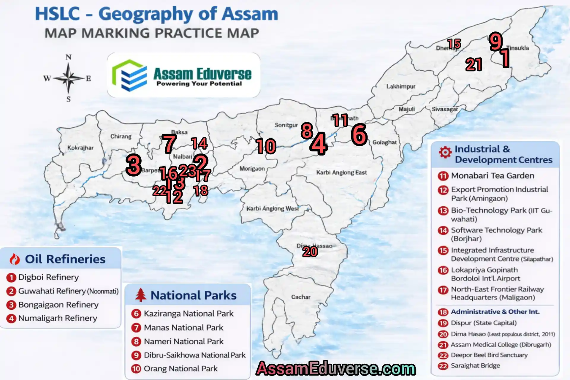 Outline map of Assam showing major rivers, district boundaries and important locations frequently asked in SEBA HSLC Social Science examination such as oil refineries, coalfields, national parks, industrial parks, bridges and transport centres.