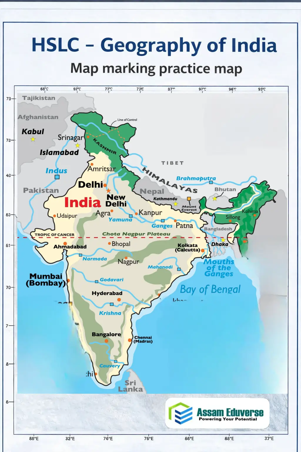A political map of India showing major rivers, state boundaries and capital cities. Important rivers such as the Ganga, Yamuna, Brahmaputra, Godavari, Krishna, Narmada and Kaveri are marked with labeled flow directions. All Indian states are outlined clearly, and their capital cities such as Delhi, Mumbai, Kolkata, Chennai, Jaipur, Lucknow, Dispur and others are indicated with symbols. The map provides a clear view of river systems along with state divisions and capitals.- Assam Eduverse
