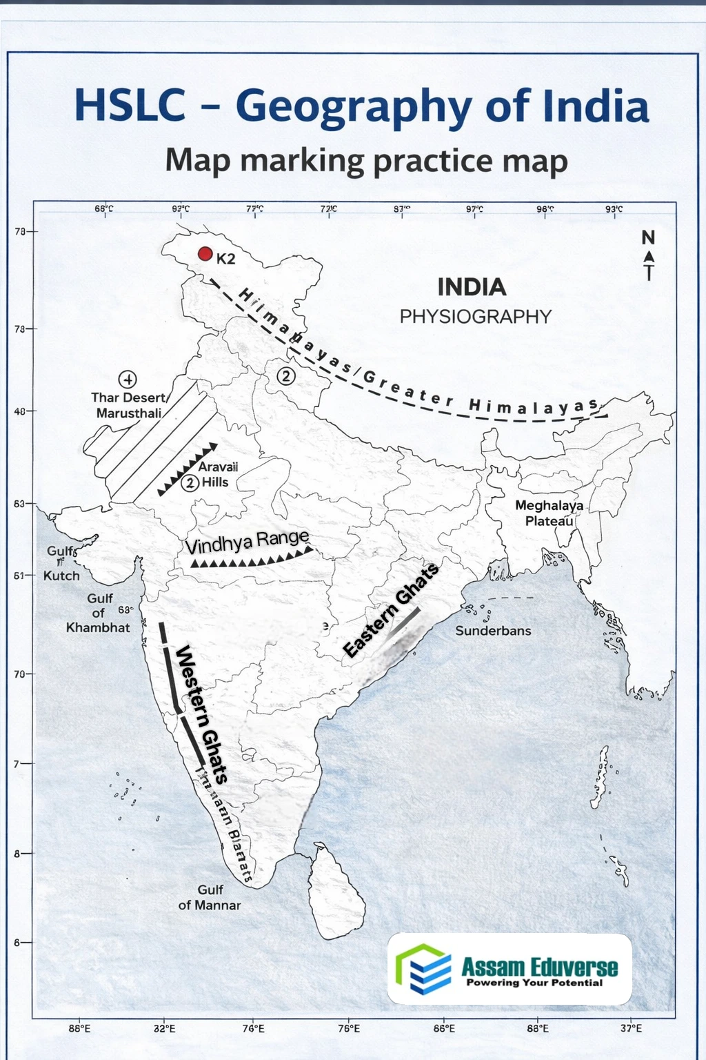 Important Map Location of India 
🔴 MOST IMPORTANT RIVERS 
Ganga
Yamuna
Brahmaputra
Godavari
Krishna
Narmada
Tapi (Tapti)
Kaveri
Mahanadi
🔴 IMPORTANT MOUNTAIN RANGES / HILLS
Himalayas
Aravalli Range
Vindhya Range
Satpura Range
Western Ghats
Eastern Ghats
🔴 IMPORTANT PLATEAUS
Deccan Plateau
Chotanagpur Plateau
Meghalaya Plateau
🔴 STATES & REGIONS
Sikkim
Assam
Punjab
Rajasthan
Odisha
Maharashtra
Gujarat
🔴 CAPITALS & IMPORTANT CITIES
Delhi
Mumbai
Kolkata
Chennai
Patna
Shillong
Itanagar
Aizawl
Imphal
Dibrugarh
Digboi
🔴 ISLANDS & DELTAS (VERY EXAM-FAVOURITE)
Andaman & Nicobar Islands
Sundarban Delta
🔴 DESERT & SPECIAL REGIONS
Thar Desert
Rann of Kutch