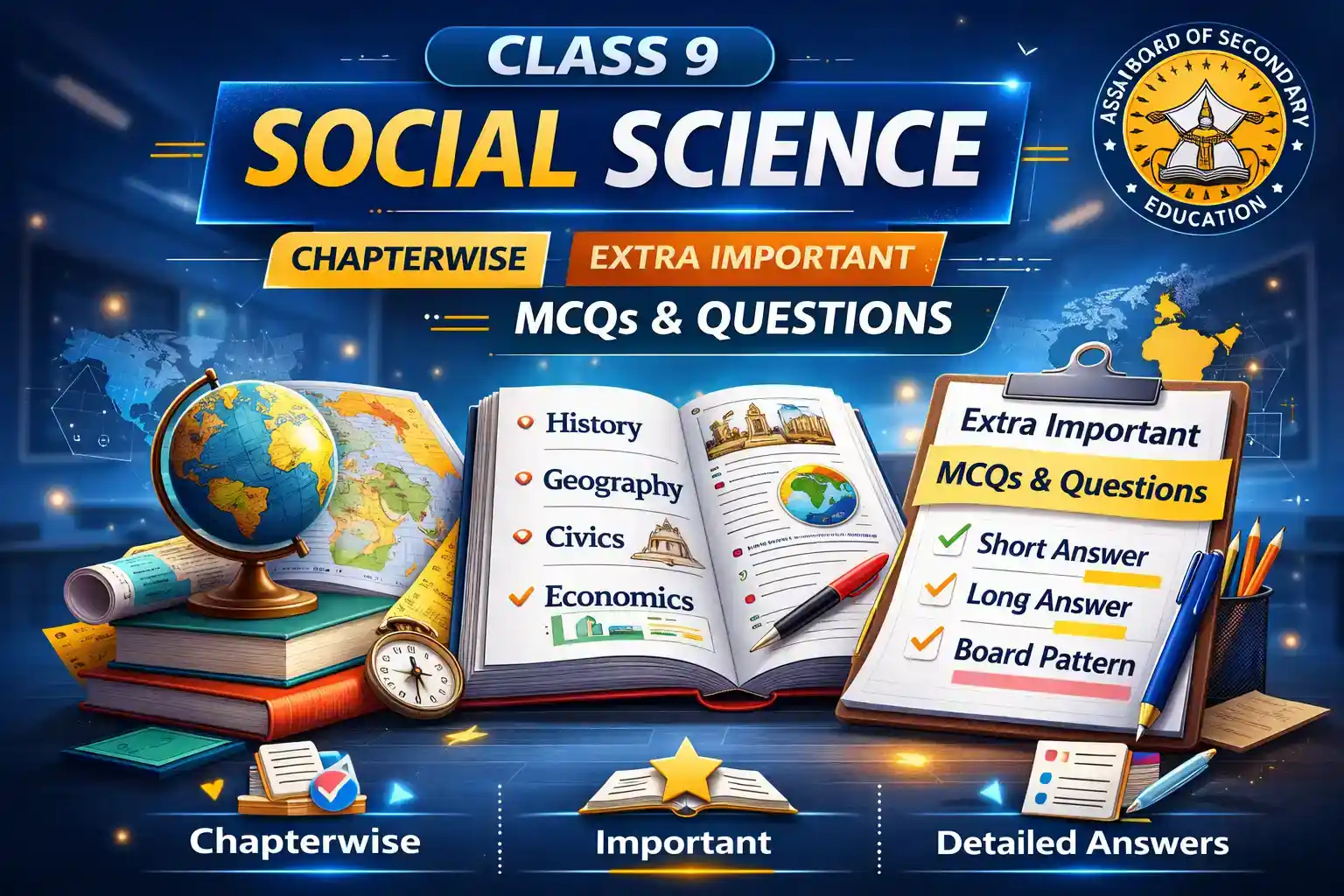 SEBA Class 9 Social Science Chapterwise Important MCQs History Geography Political Science Economics