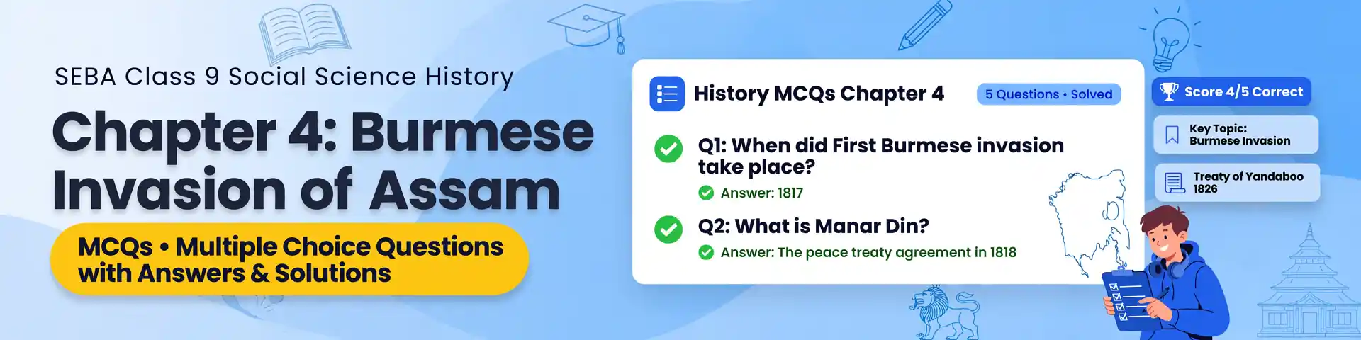 SEBA Class 9 Social Science History Chapter 4 Burmese Invasion of Assam MCQs with answers, detailed explanations, and PDF based on the latest ASSEB exam pattern