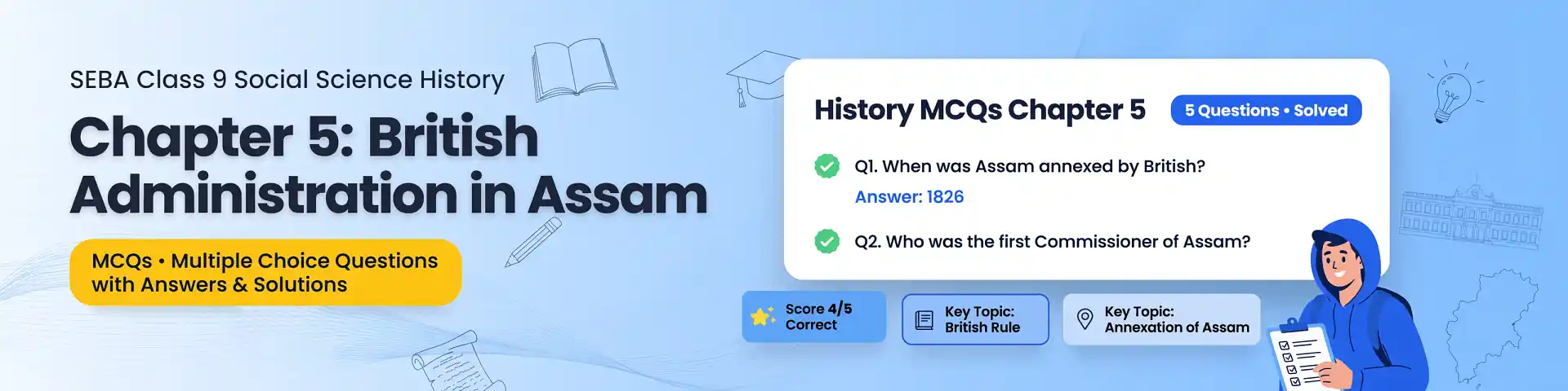 SEBA Class 9 Social Science History Chapter 5 British Administration in Assam MCQs with answers, detailed explanations, and PDF based on the latest ASSEB exam pattern