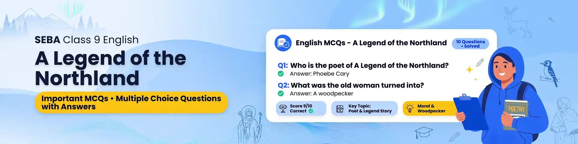 SEBA Class 9 English A Legend of the Northland Important MCQs with answers, explanations, interactive quiz, and downloadable PDF