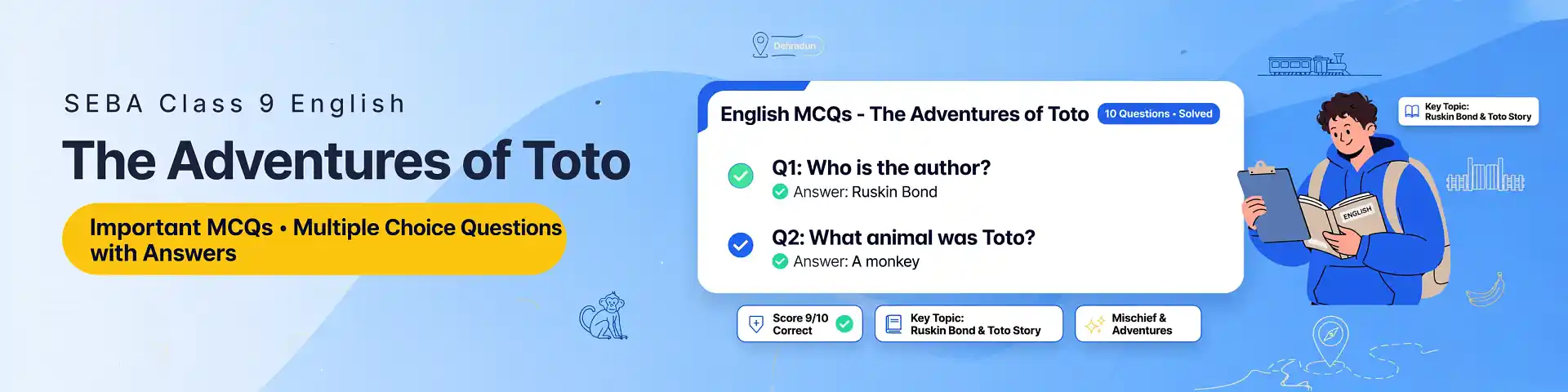 SEBA Class 9 English The Adventures of Toto Important MCQs with answers, detailed explanations, interactive quiz, and downloadable PDF