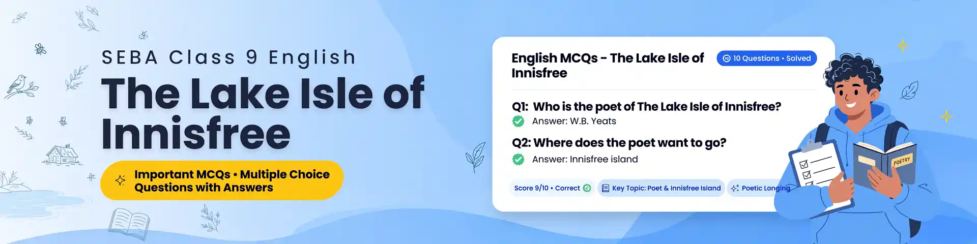 SEBA Class 9 English The Lake Isle of Innisfree Important MCQs with answers, detailed explanations, interactive quiz, and downloadable PDF