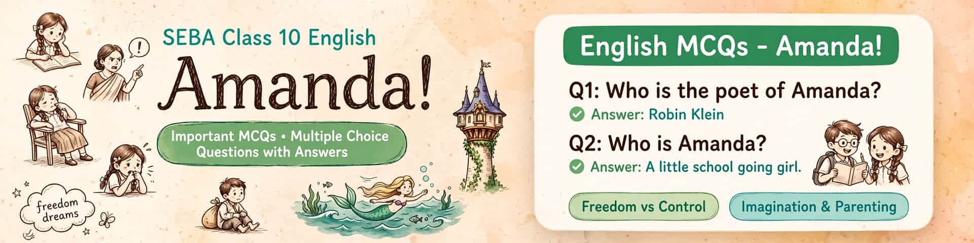 SEBA Class 10 English Amanda Important MCQs with HSLC PYQs, answers, explanations and interactive quiz practice
