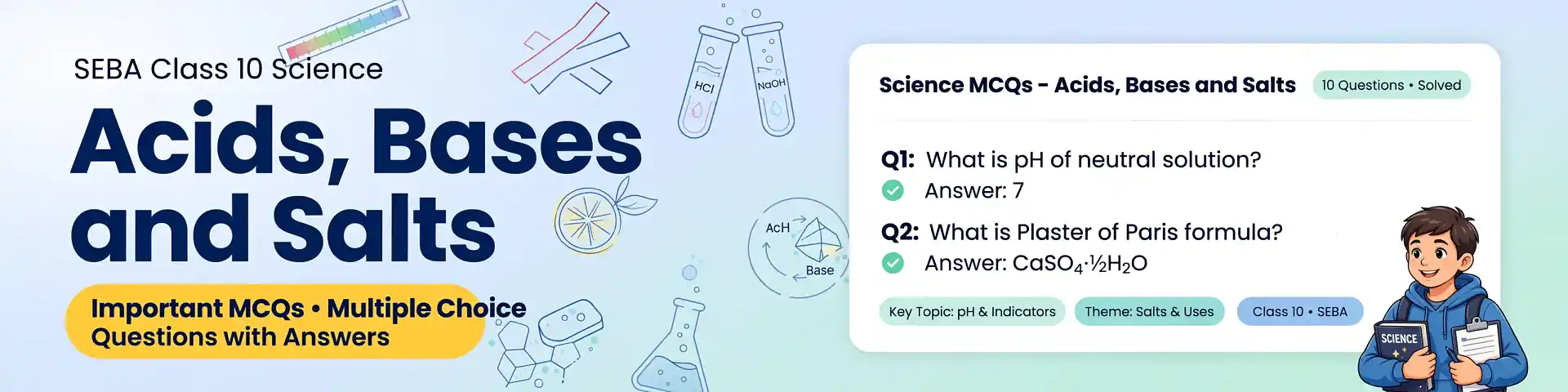 SEBA Class 10 Science Chapter 2 MCQs on Acids, Bases and Salts with important questions and HSLC PYQs